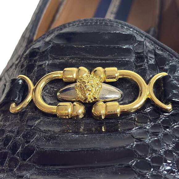 Giorgio Brutini Mens Black Snakeskin Loafers Size 9 Gold Lion Medallion Vintage - Picture 8 of 14